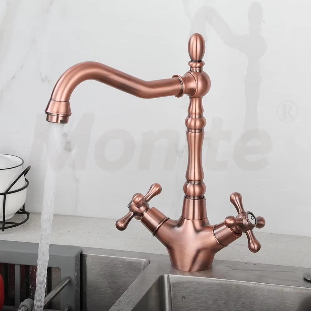 Monite Golden Polish Kitchen Faucet Basin Vessel Rotated Dual Handles Swivel Gold Plated Deck Mounted Mixer Water Tap Faucet