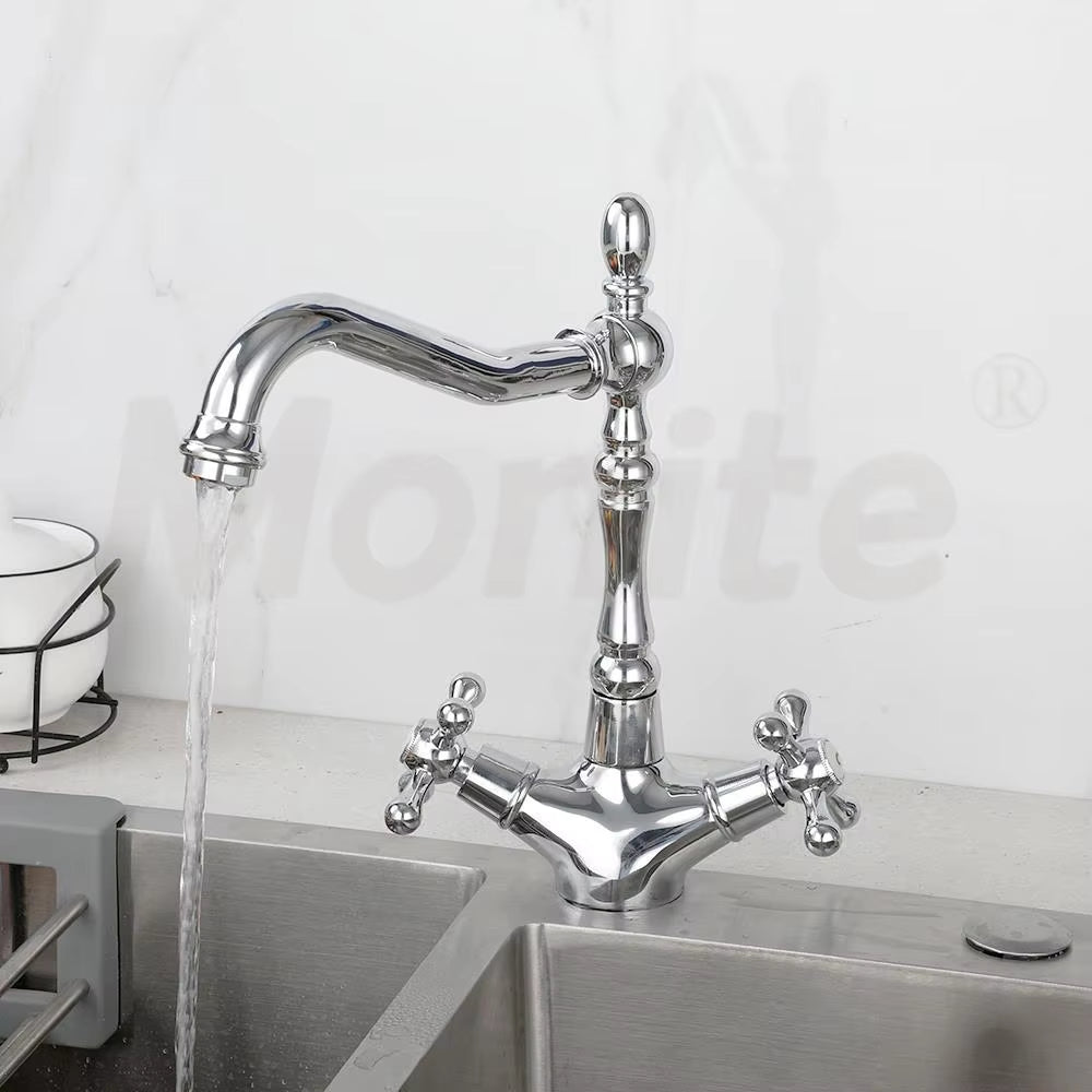 Monite Golden Polish Kitchen Faucet Basin Vessel Rotated Dual Handles Swivel Gold Plated Deck Mounted Mixer Water Tap Faucet