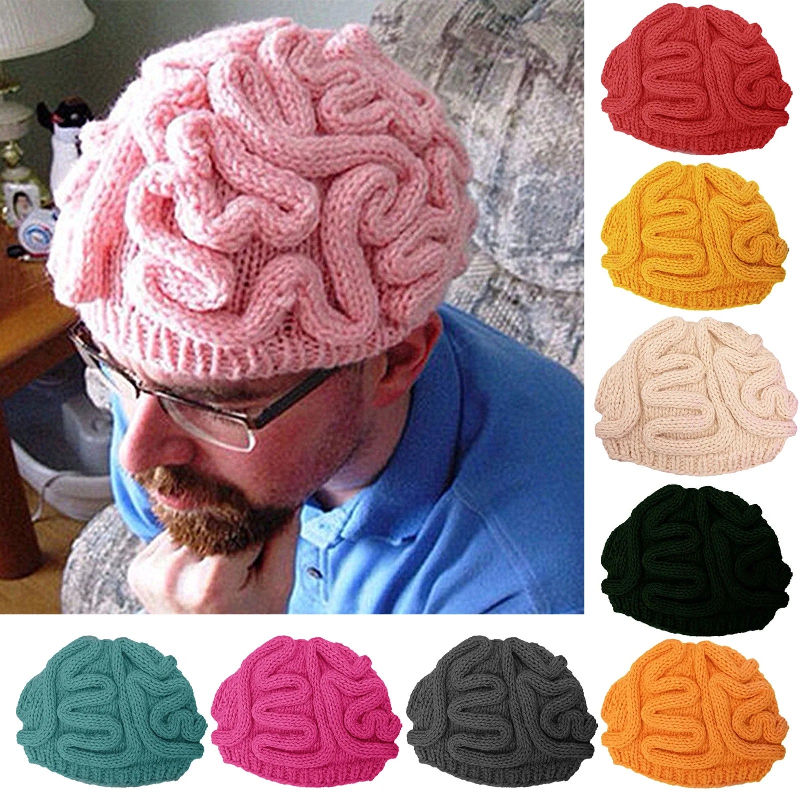 Men/Women Brain Cap, Handmade Knit Warm Fashion Funny Spoof Hat for Halloween 1PC