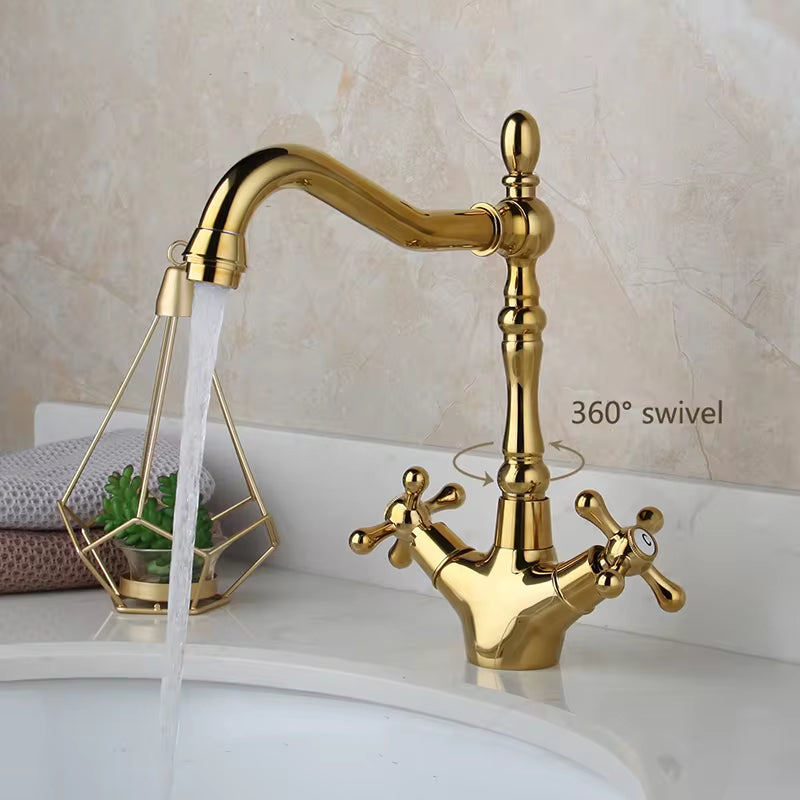 Monite Golden Polish Kitchen Faucet Basin Vessel Rotated Dual Handles Swivel Gold Plated Deck Mounted Mixer Water Tap Faucet