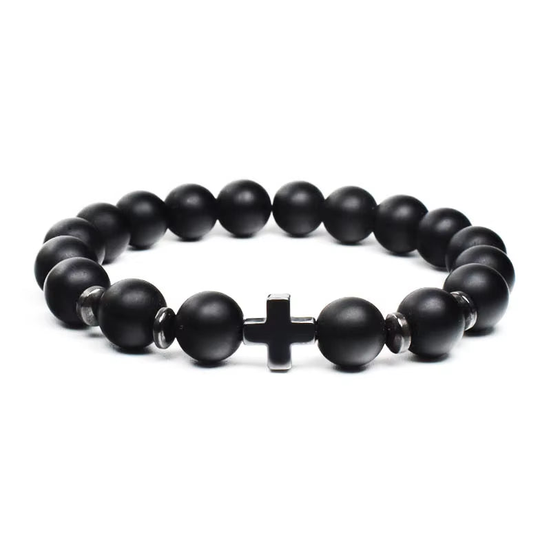 Prayer Men'S Natural Stone Wood Pearlstone Bracelet Beaded Cross Meditation Bracelet Women'S Yoga Jewelry Anniversary Gift