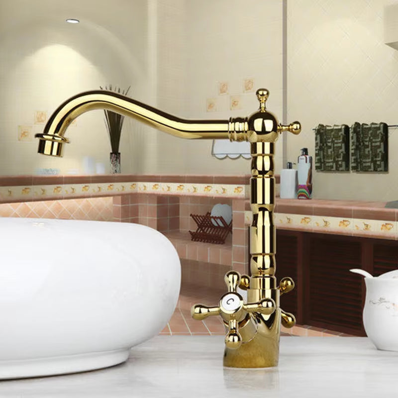 Monite Golden Polish Kitchen Faucet Basin Vessel Rotated Dual Handles Swivel Gold Plated Deck Mounted Mixer Water Tap Faucet