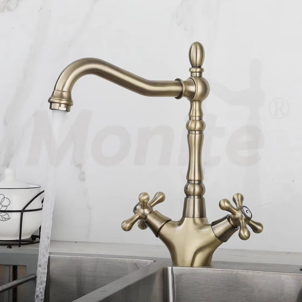 Monite Golden Polish Kitchen Faucet Basin Vessel Rotated Dual Handles Swivel Gold Plated Deck Mounted Mixer Water Tap Faucet