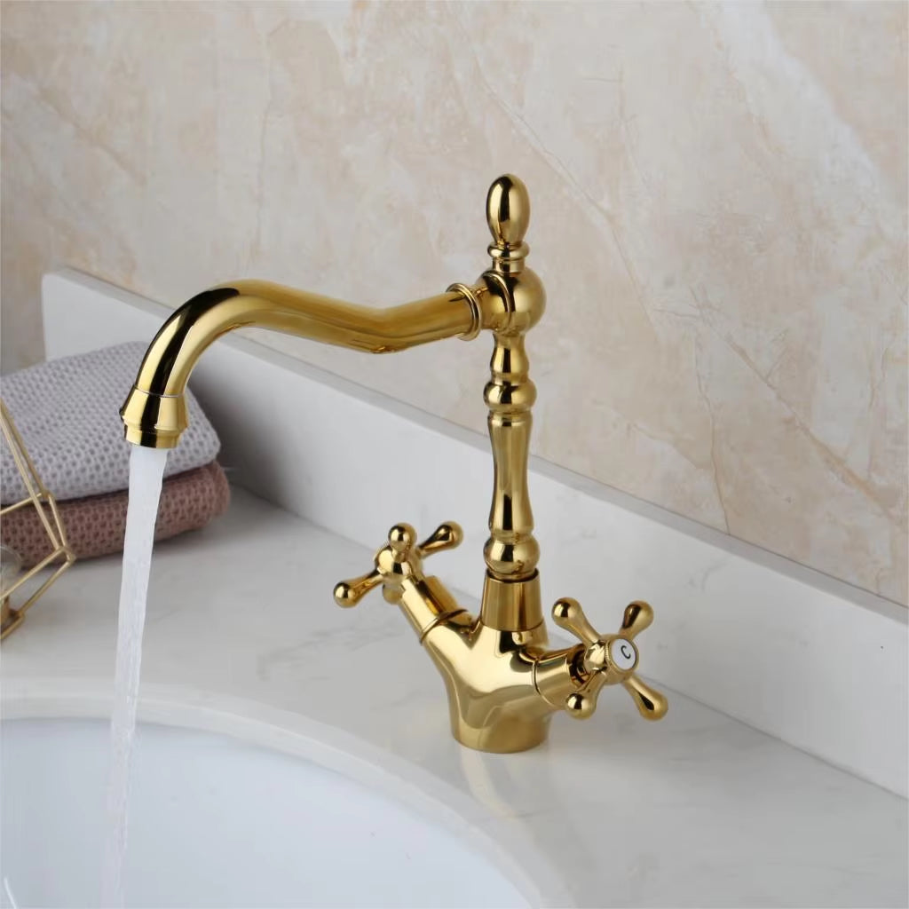 Monite Golden Polish Kitchen Faucet Basin Vessel Rotated Dual Handles Swivel Gold Plated Deck Mounted Mixer Water Tap Faucet