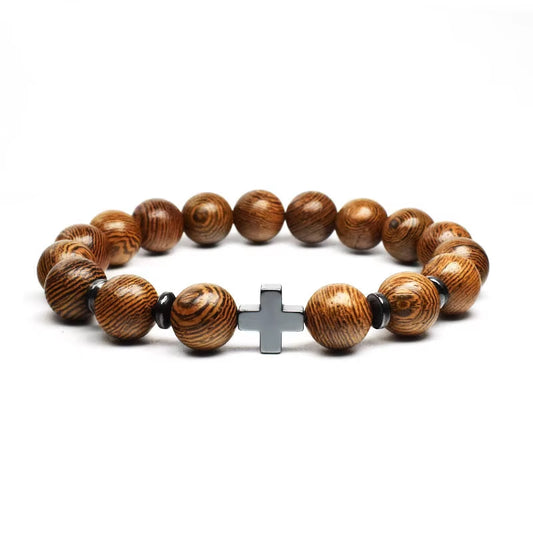 Prayer Men'S Natural Stone Wood Pearlstone Bracelet Beaded Cross Meditation Bracelet Women'S Yoga Jewelry Anniversary Gift