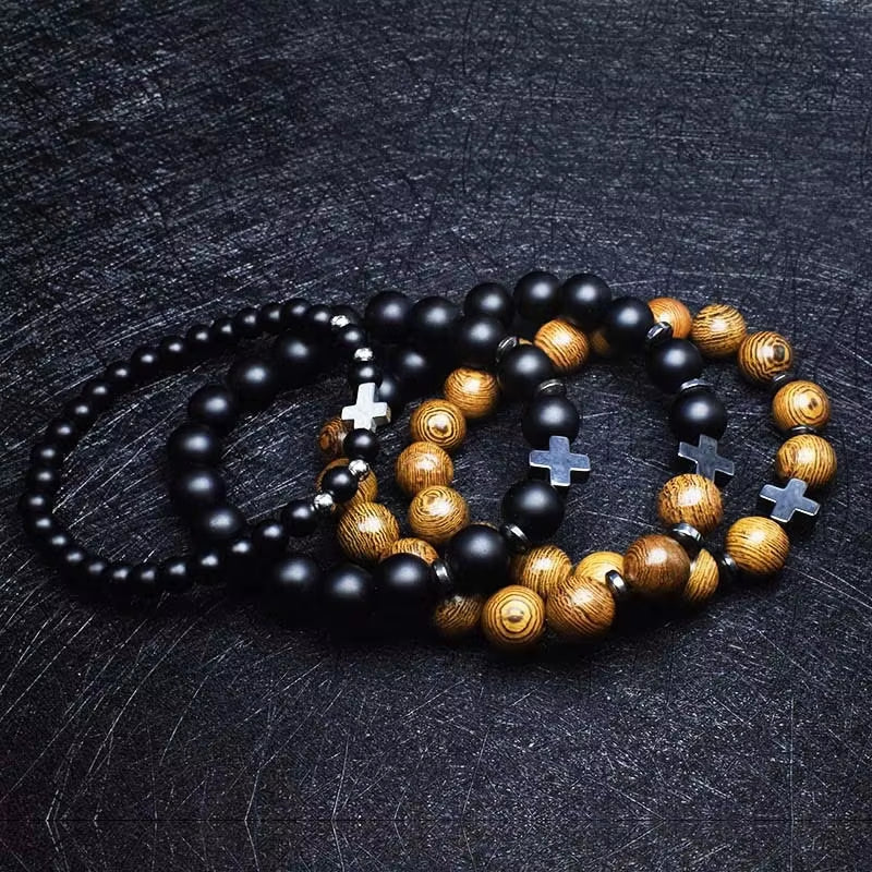 Prayer Men'S Natural Stone Wood Pearlstone Bracelet Beaded Cross Meditation Bracelet Women'S Yoga Jewelry Anniversary Gift