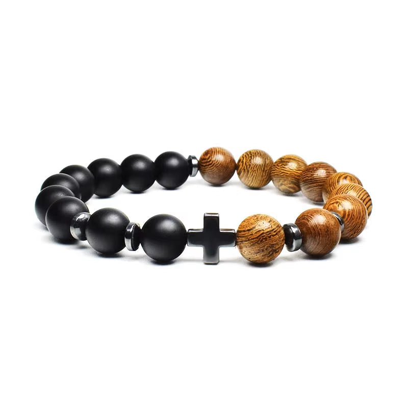 Prayer Men'S Natural Stone Wood Pearlstone Bracelet Beaded Cross Meditation Bracelet Women'S Yoga Jewelry Anniversary Gift