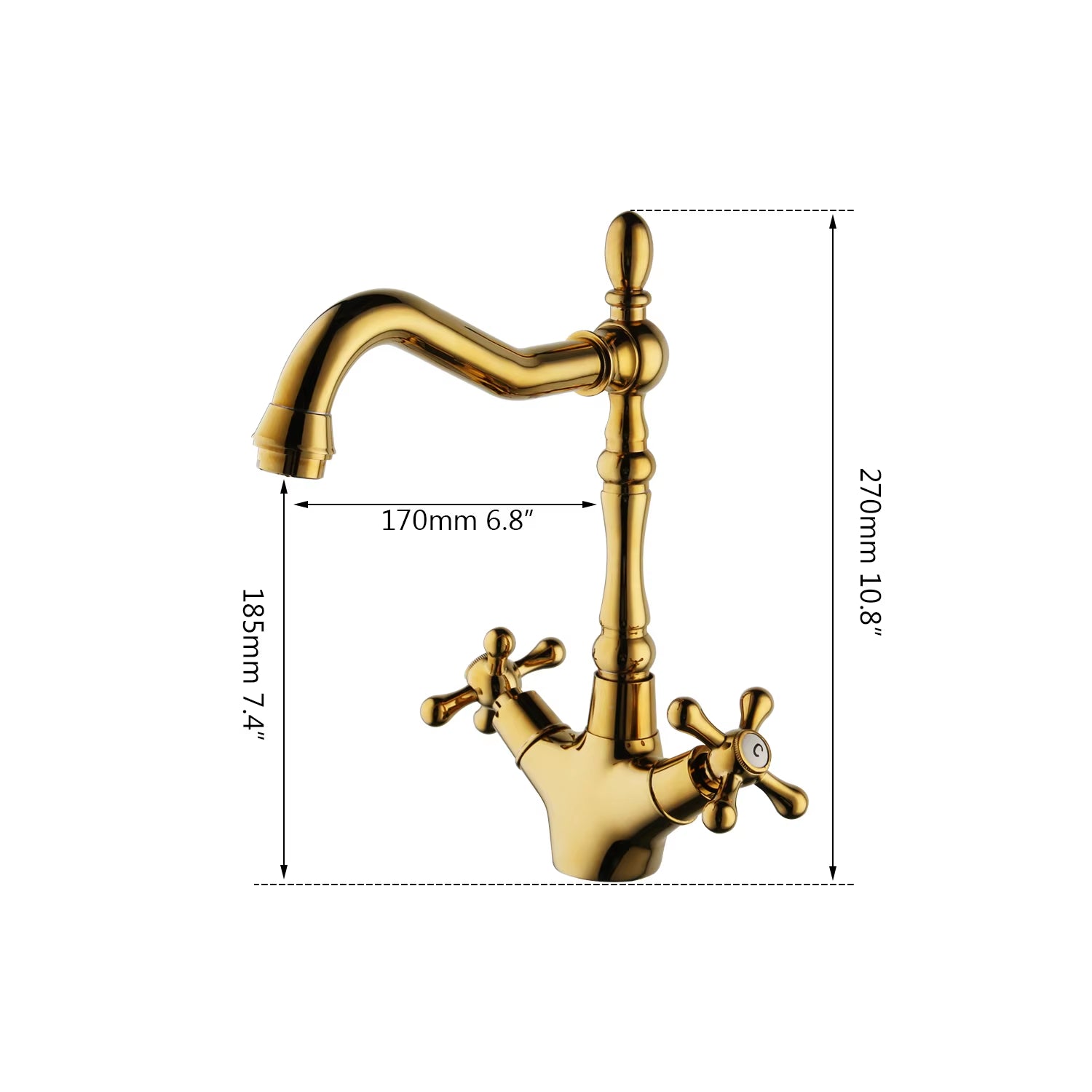 Monite Golden Polish Kitchen Faucet Basin Vessel Rotated Dual Handles Swivel Gold Plated Deck Mounted Mixer Water Tap Faucet